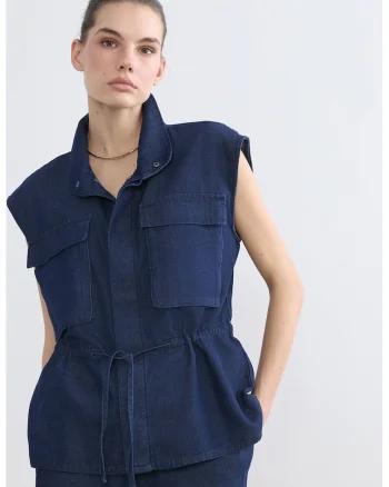 Jacheta din denim cu maneci scurte si snur de ajustare in talie, Bleumarin