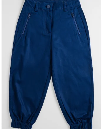 Pantaloni din amestec de bumbac cu croiala balloon si terminatie elastica, Bleumarin