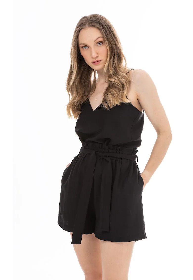 Top dama,  bretele subtiri, decolteu in V, negru, nylon
