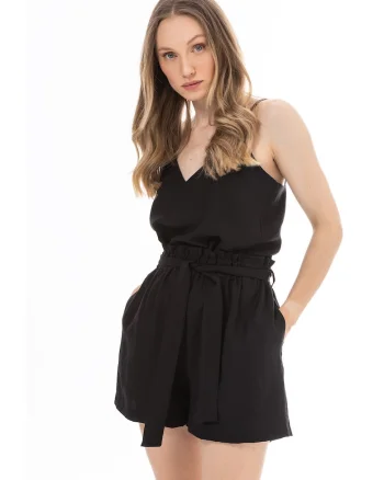 Top dama,  bretele subtiri, decolteu in V, negru, nylon