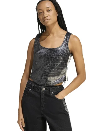 Top din piele ecologica cu aspect de piele de crocodil si fermoar pe spate, Negru/Bej deschis