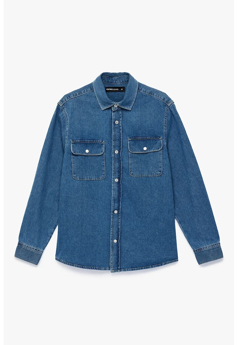 Jacheta-camasa din denim cu buzunare cu clapa, Albastru petrol