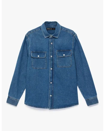 Jacheta-camasa din denim cu buzunare cu clapa, Albastru petrol