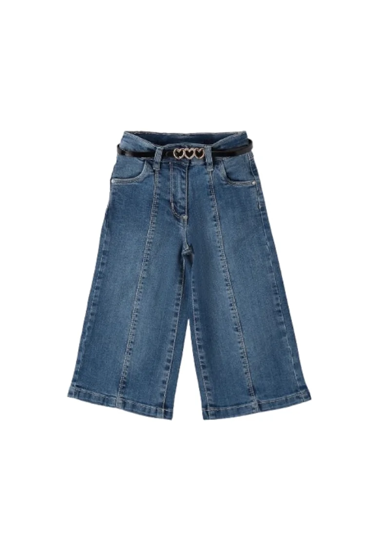 Pantaloni denim fete  din model elastic cu croiala larga si curea inclusa