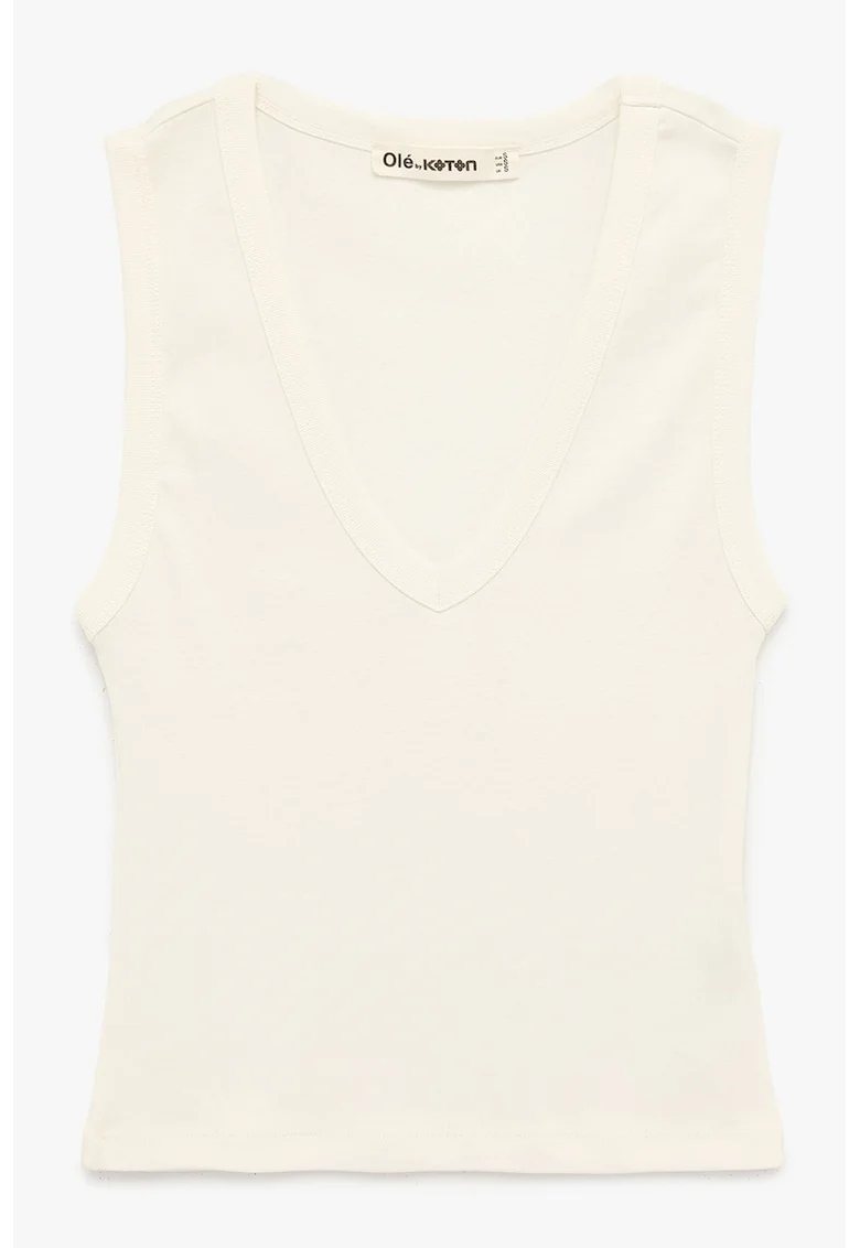 Top slim fit cu decolteu in V, Alb murdar