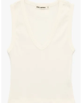 Top slim fit cu decolteu in V, Alb murdar