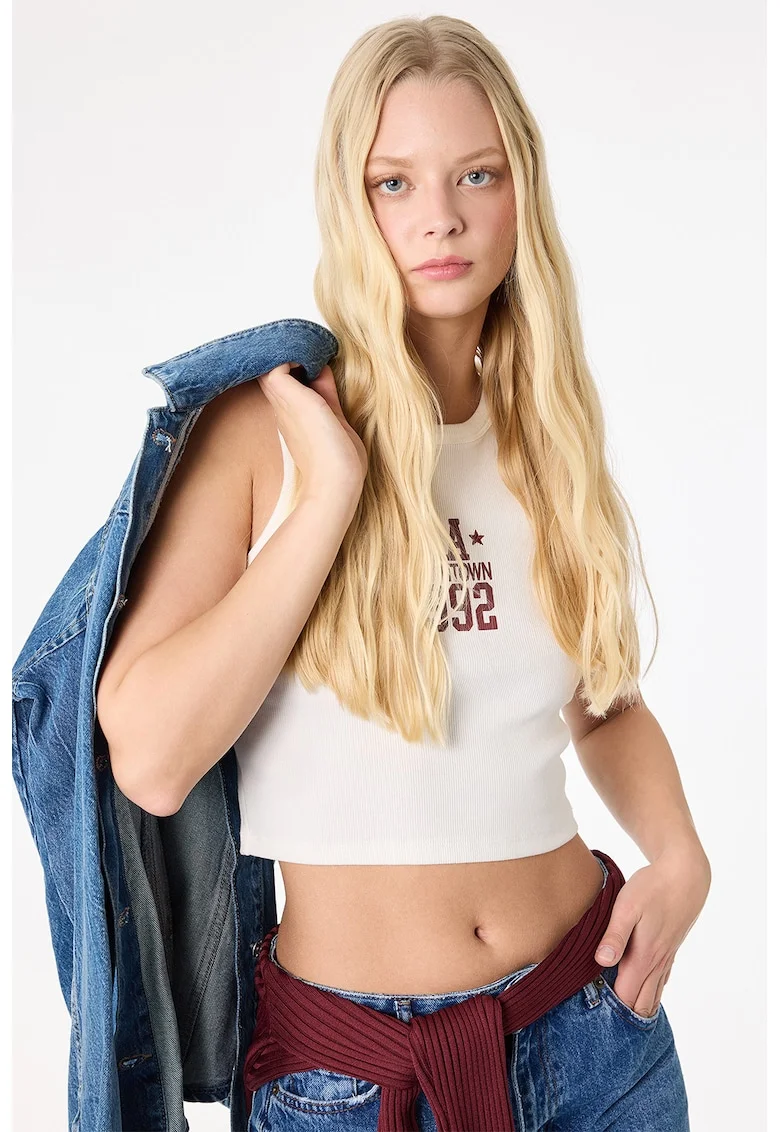 Top crop cu imprimeu text, Alb/Visiniu