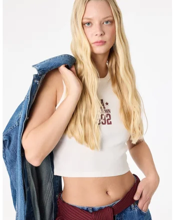 Top crop cu imprimeu text, Alb/Visiniu