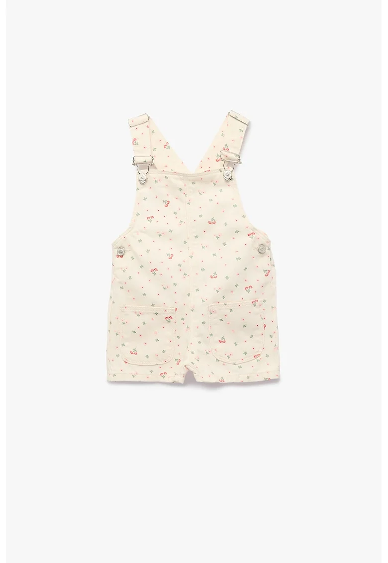 Salopeta scurta din denim cu model floral, Alb fildes
