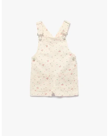 Salopeta scurta din denim cu model floral, Alb fildes