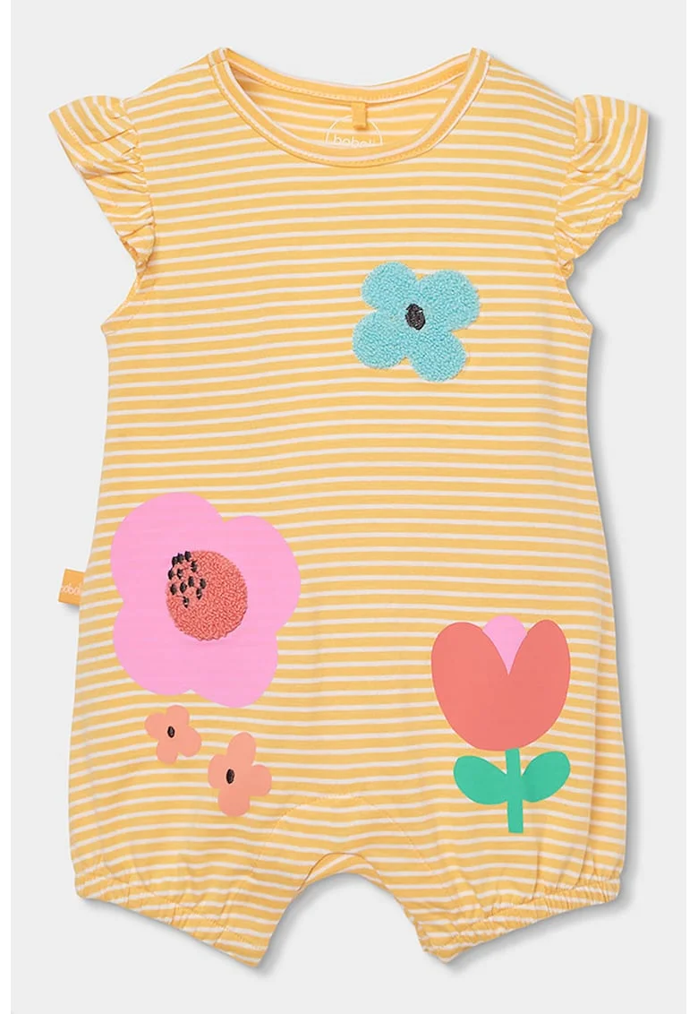 Salopeta cu model in dungi si detalii cu model floral, Alb/Galben