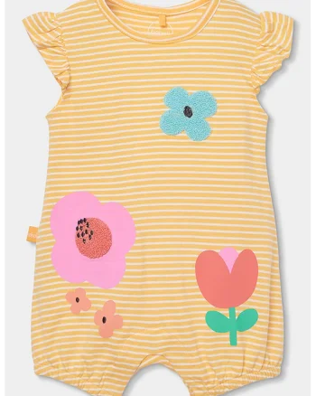 Salopeta cu model in dungi si detalii cu model floral, Alb/Galben