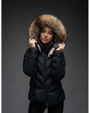 Geaca matlasata cu umplutura de puf gasca eleganta cambrata scurta cu gluga detasabila si blana, ELLERY, culoare Negru, marime XL,