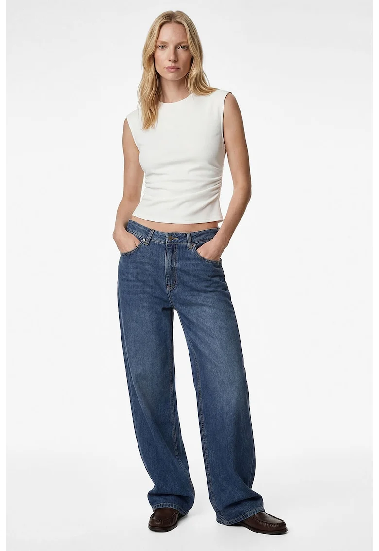 Top crop slim fit cu fronseuri, Alb