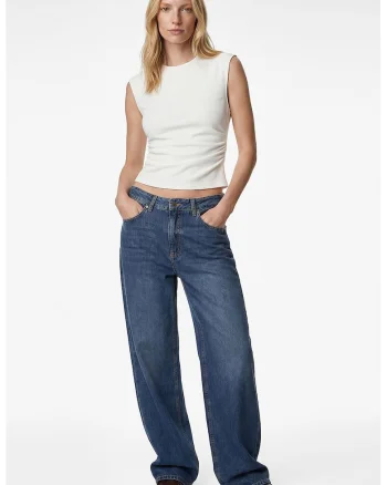 Top crop slim fit cu fronseuri, Alb