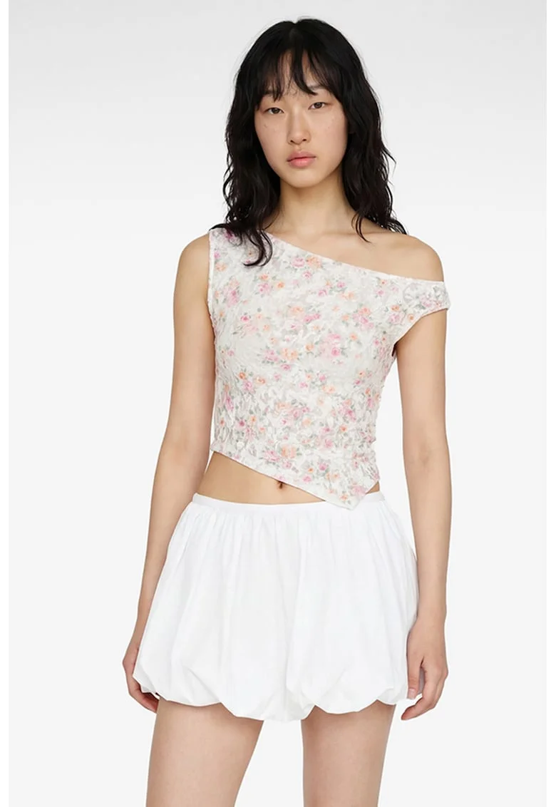 Top asimetric cu model floral, Galben pal/Piersica/Alb murdar
