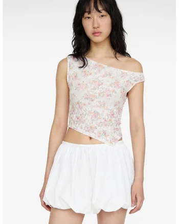 Top asimetric cu model floral, Galben pal/Piersica/Alb murdar