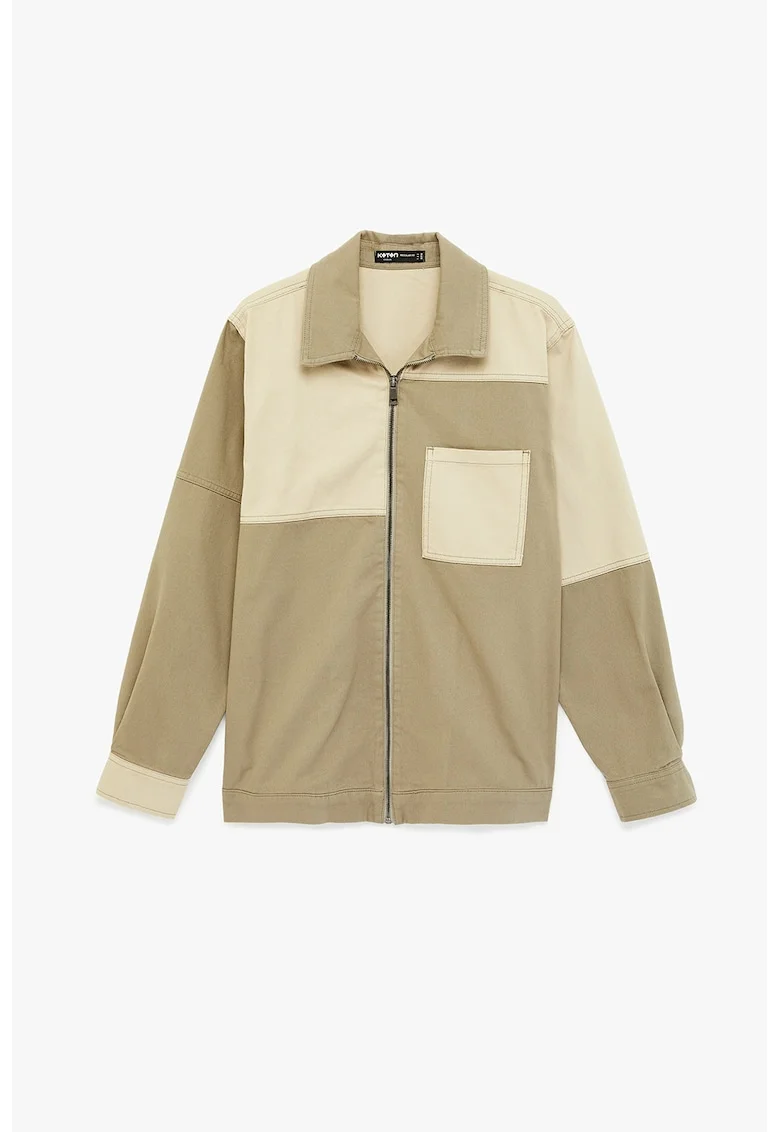 Jacheta-camasa cu model colorblock, Maro camel/Grej