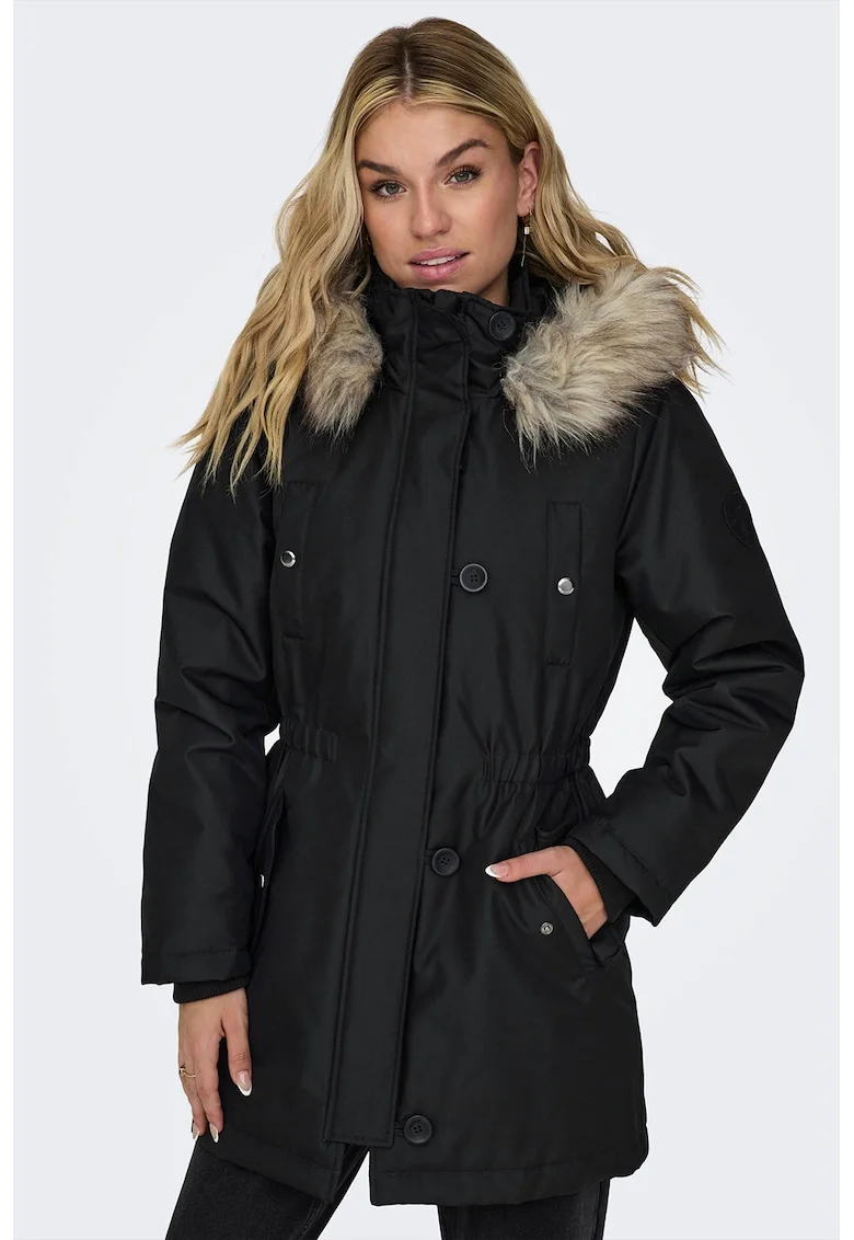 Geaca parka de blana sintetica, Negru
