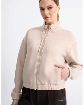 Bluza de trening crop cu fermoar, Maro nisip/Argintiu