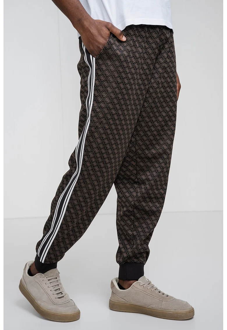 Pantaloni de trening cu logo, pentru fitness, Alb/Maro inchis/Negru