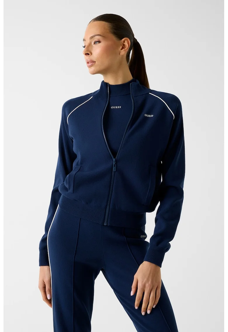 Bluza de trening slim fit cu fermoar si logo, Bleumarin
