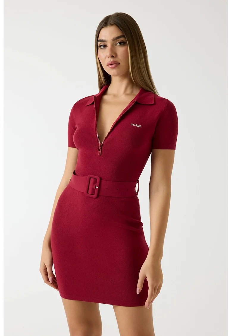Rochie scurta cambrata cu guler polo, Rosu inchis