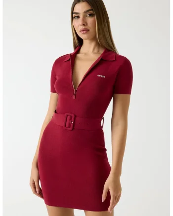 Rochie scurta cambrata cu guler polo, Rosu inchis