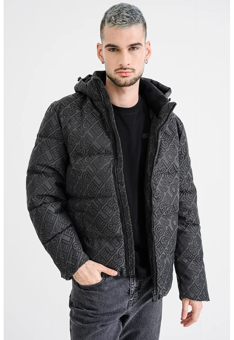Geaca cu gluga si model logo, Negru/Negru stins