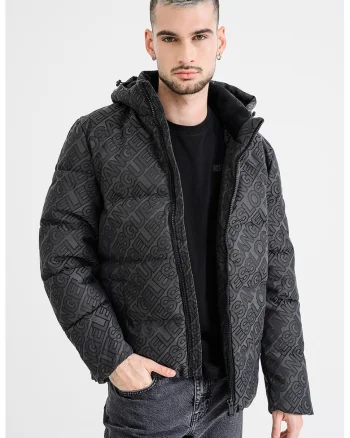 Geaca cu gluga si model logo, Negru/Negru stins