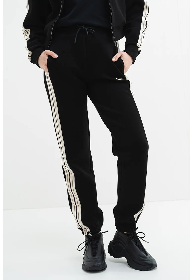 Pantaloni cu logo pentru fitness, Negru/Alb murdar