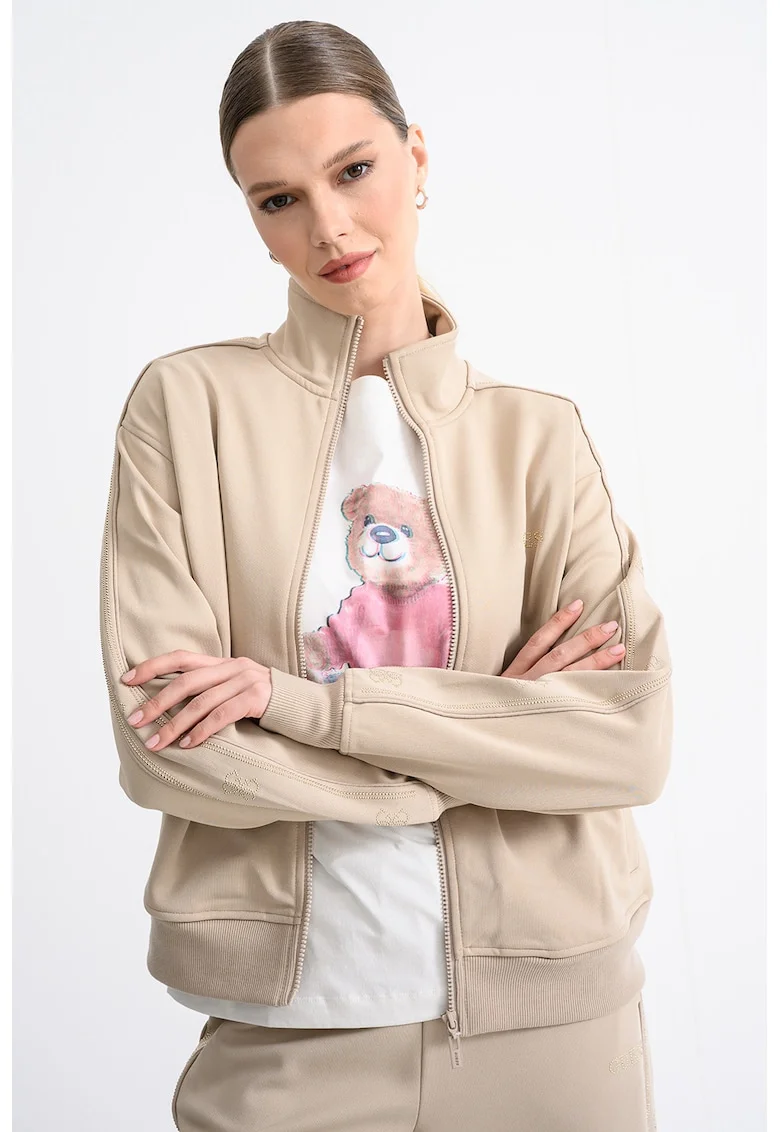 Bluza de trening cu fermoar si imprimeu logo discret, Maro taupe deschis