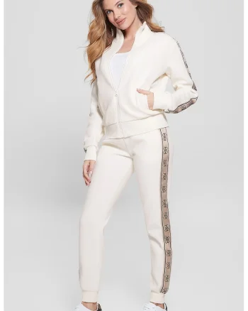 Pantaloni de trening cu croiala conica si segmente laterale cu logo, Crem