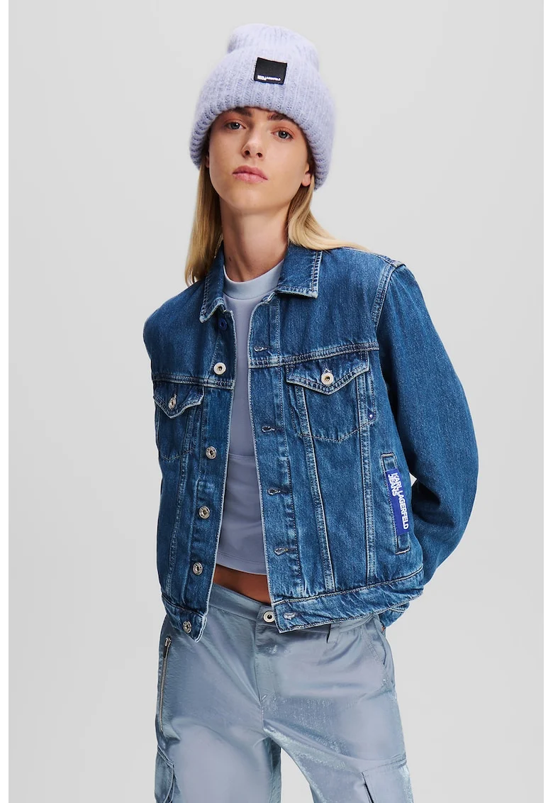 Jacheta de denim din bumbac organic cu buzunar pe piept, Albastru petrol