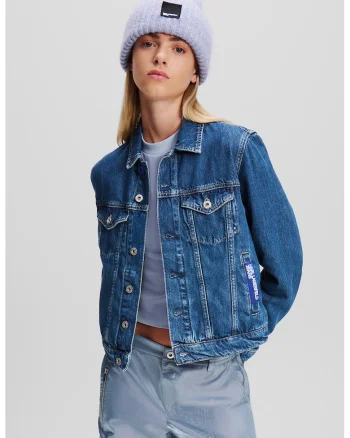 Jacheta de denim din bumbac organic cu buzunar pe piept, Albastru petrol