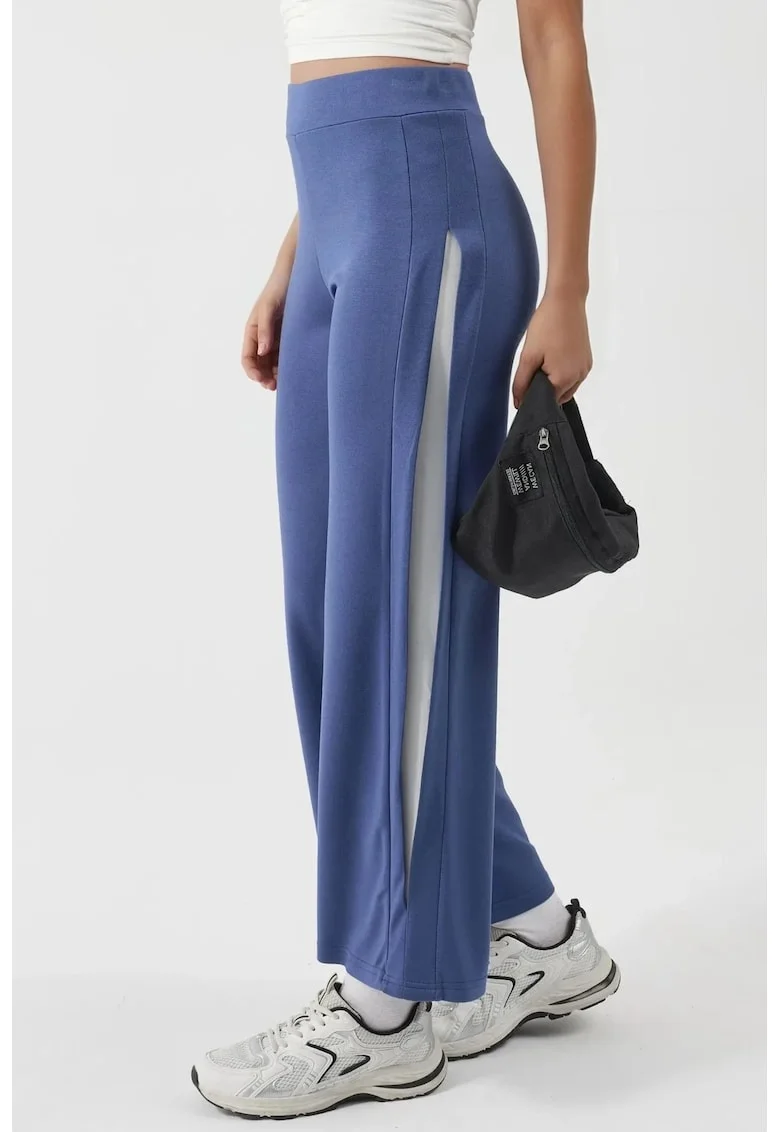 Pantaloni dama,  Pantaloni cu detalii dungi, Albastru cobalt, Textil