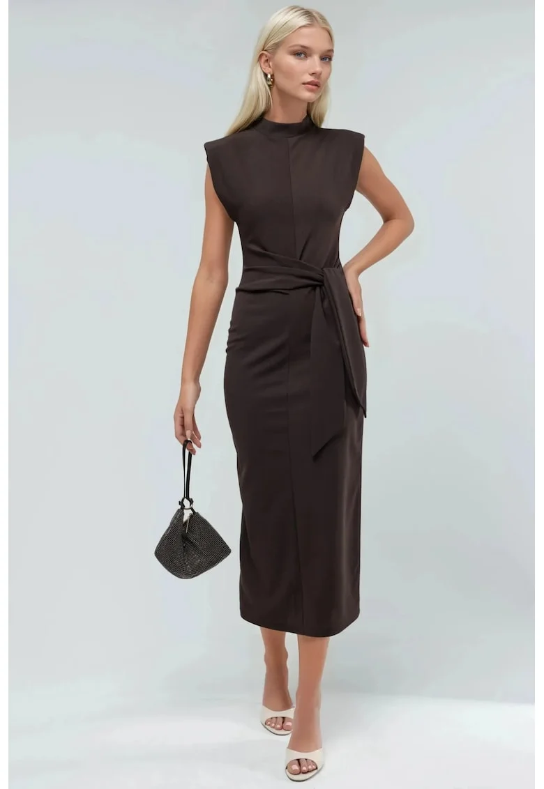 Rochie midi  guler rotund, maro, textil