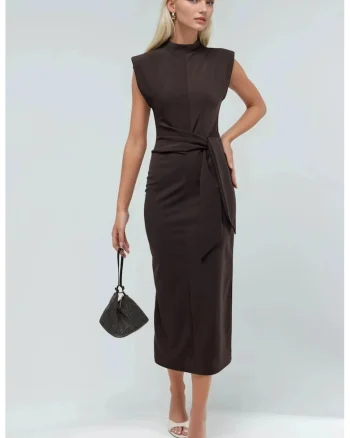 Rochie midi  guler rotund, maro, textil