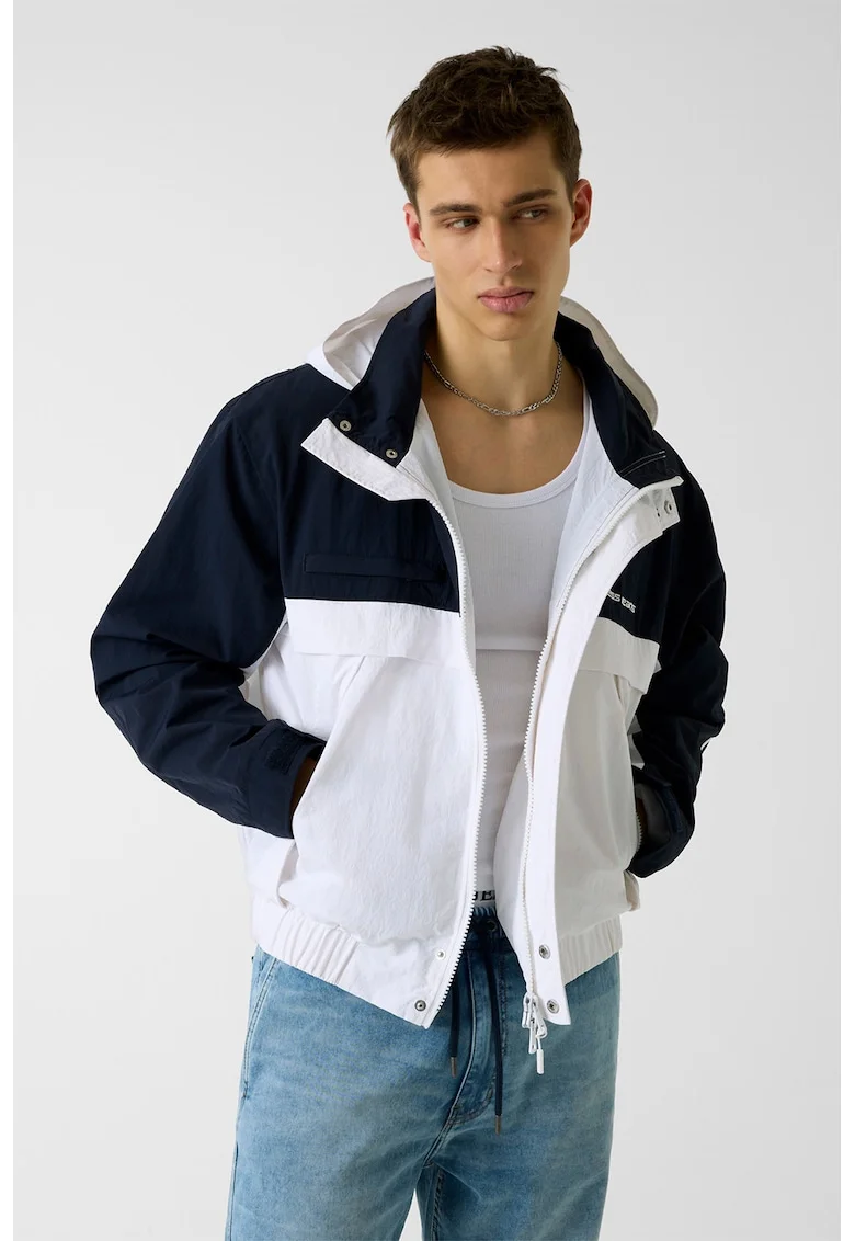 Jacheta cu model in doua tonuri si gluga, Alb/Albastru ultramarin
