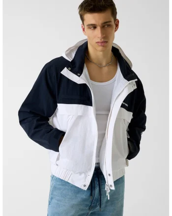 Jacheta cu model in doua tonuri si gluga, Alb/Albastru ultramarin