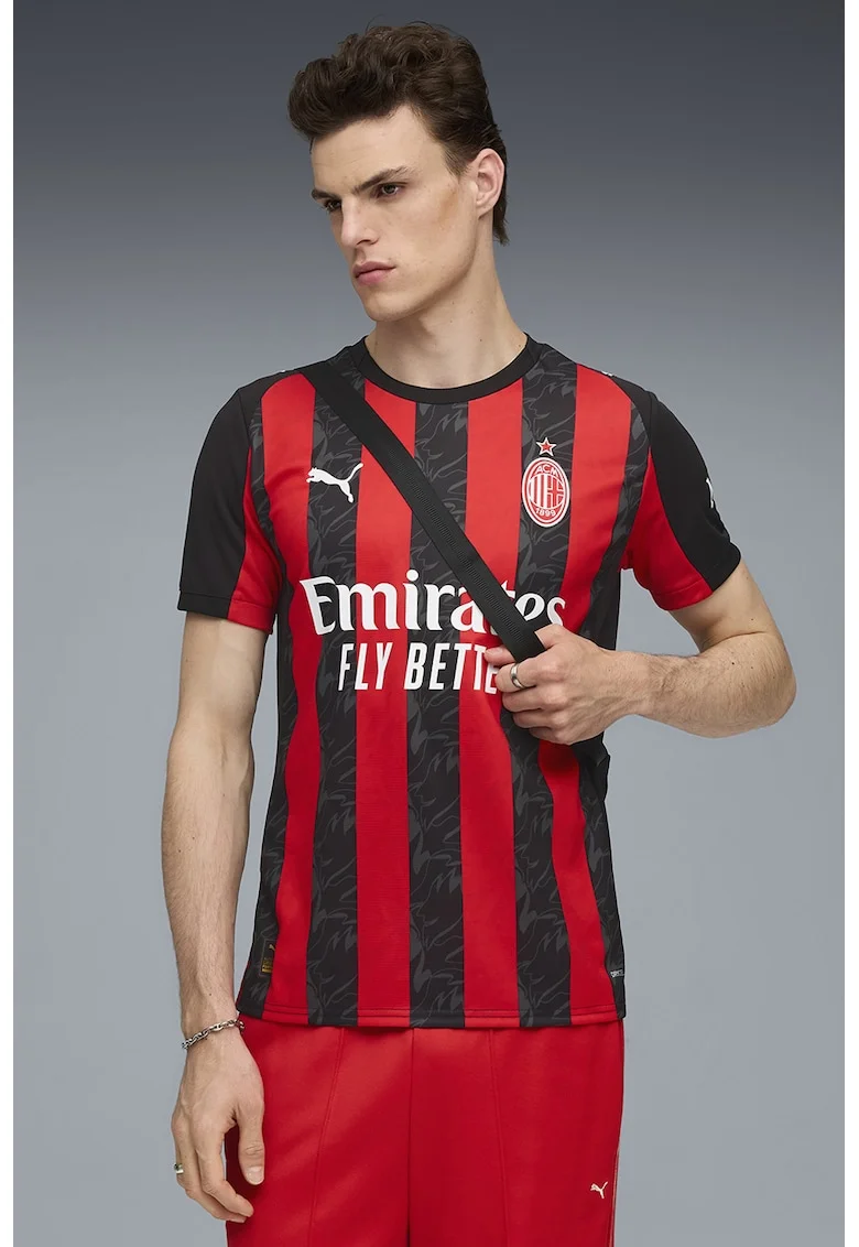 Tricou slim fit cu model pentru fotbal AC Milan, Rosu/Negru