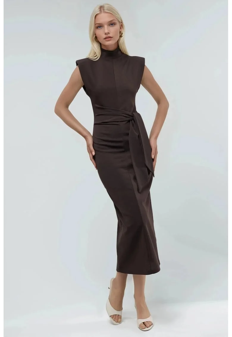 Rochie midi  guler rotund, detalii cravata, maro, textil,