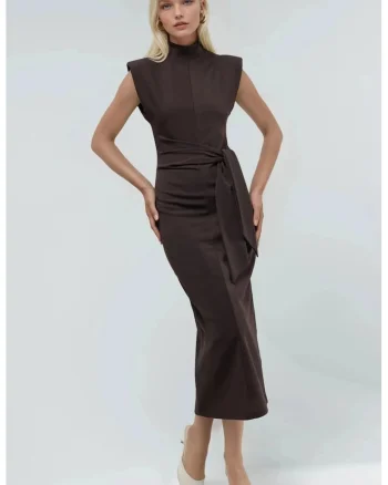 Rochie midi  guler rotund, detalii cravata, maro, textil,