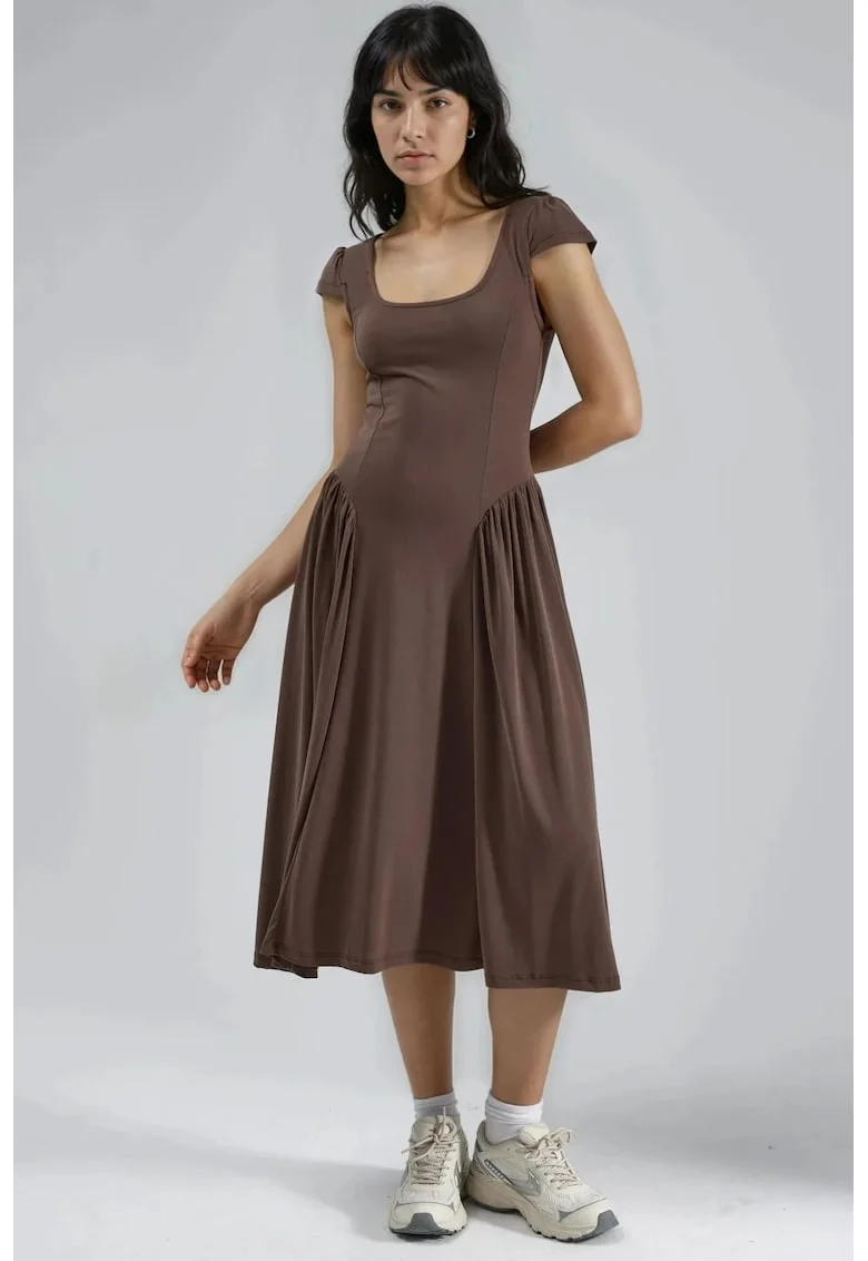 Rochie midi  cu guler solid, Maro