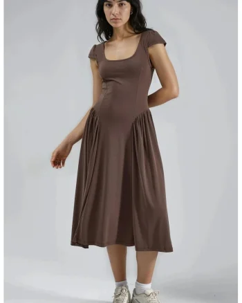 Rochie midi  cu guler solid, Maro