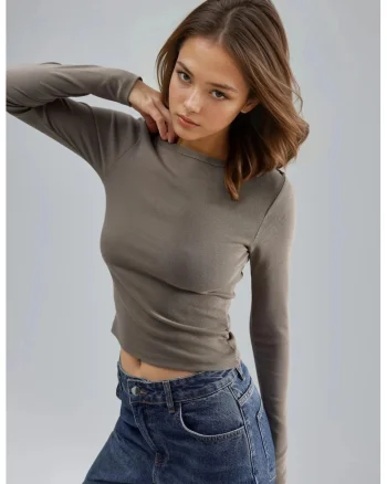 Bluza dama,  Slim Fit, maro cafeniu, jerseu