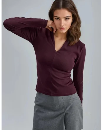 Bluza dama,  Decolteu in V, Mov, Jerseu
