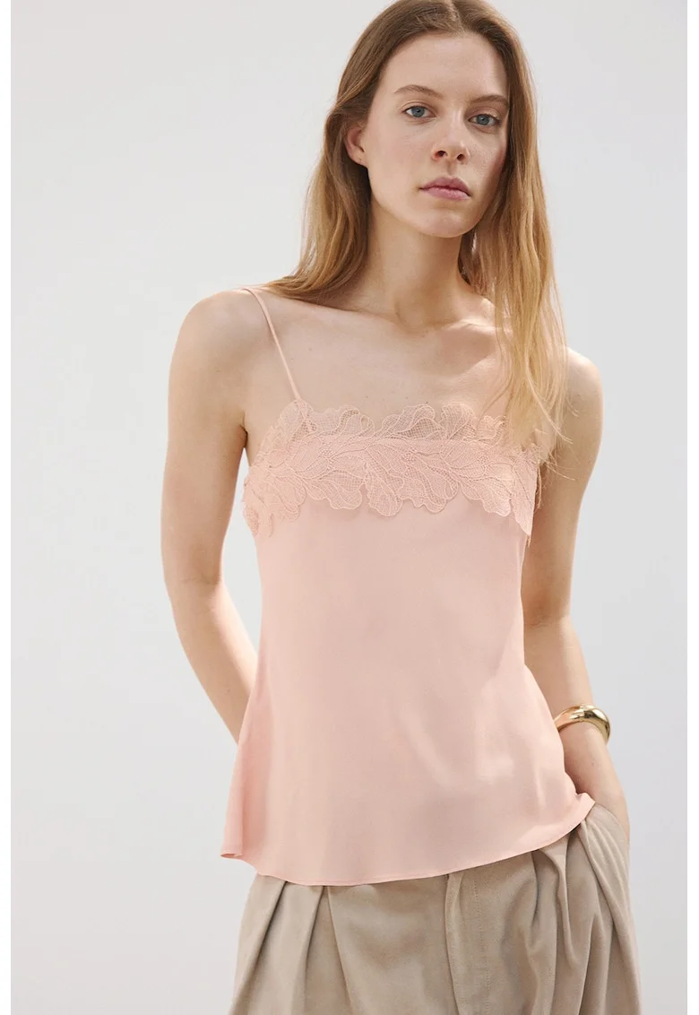 Top de satin cu dantela, Roz somon