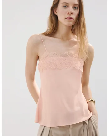 Top de satin cu dantela, Roz somon