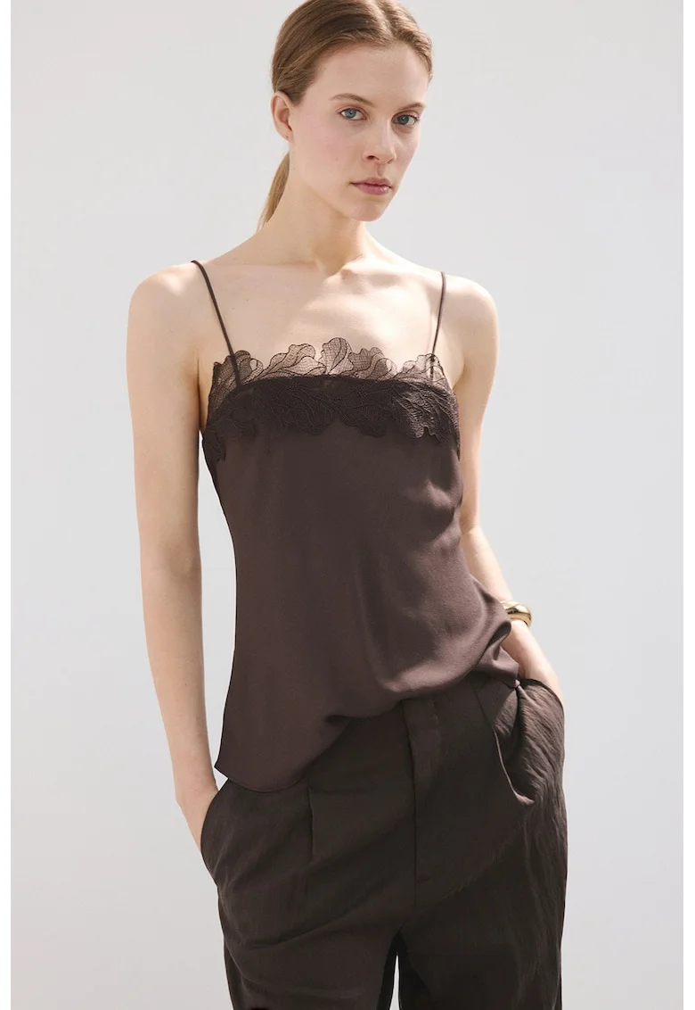 Top de satin cu dantela, Maro inchis